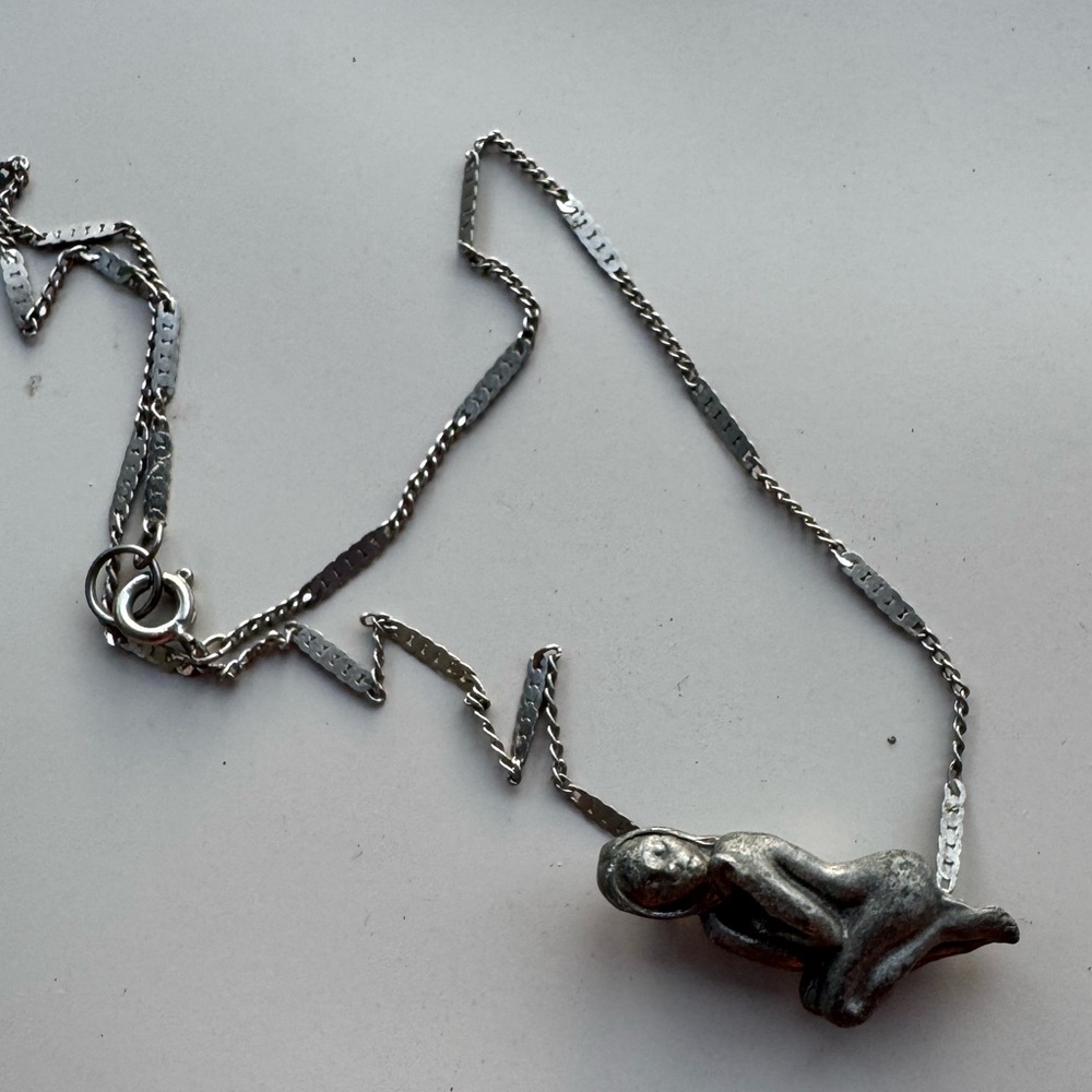Rare and unique vintage silver naked woman pendant on silver chain necklace
